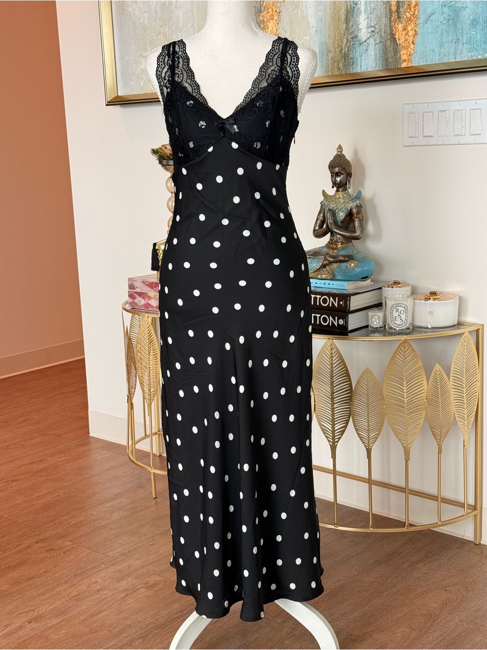 Black Polka Dot Lace-Trim Slip Dress